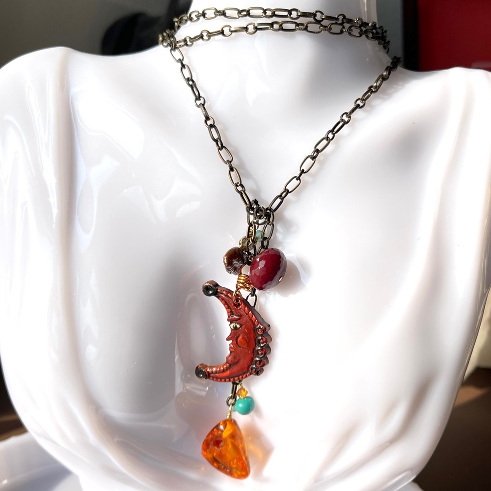 Handmade OOAK Artisan Moon and Amber Lariat Necklace